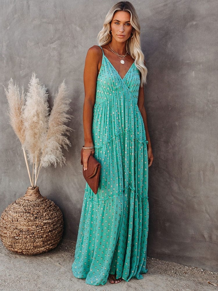 Evi™ Groene Maxi Jurk Met V-hals En Zomers Ibiza Printje