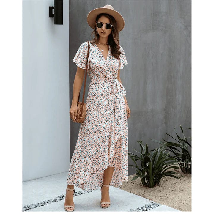 Myrthe™ - Roze Met Print Lange Ibiza Jurk