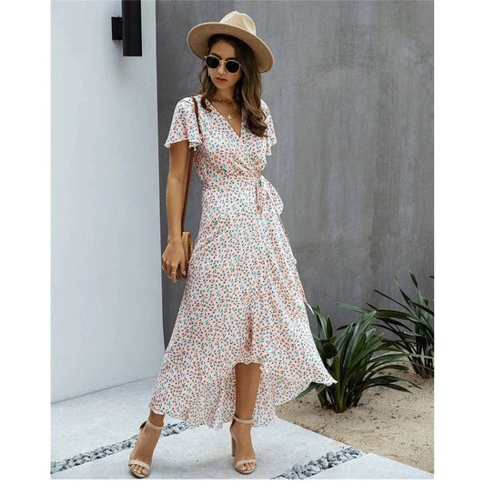 Myrthe™ - Roze Met Print Lange Ibiza Jurk